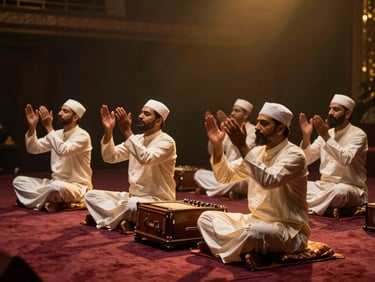 Sufi Qawwali musicians seated on a rich maroon carpeted stage, warm golden spotlighting, hands raised in spiritual devotion, acoustic harmonium visible