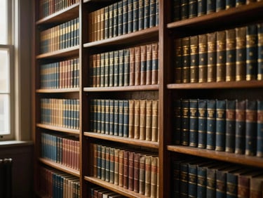 Classic library shelves filled with leather-bound books, warm golden-hour light, expansive view