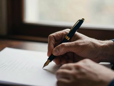 Close-up of hands holding a fountain pen over heavy-stock paper, natural window light, shallow depth of field