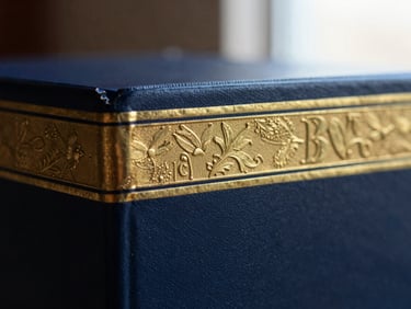 Macro detail of a gold-embossed book spine, rich navy tones, chiaroscuro lighting