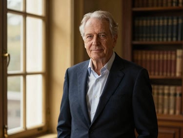 Elegant portrait of a publishing veteran, warm window light, study background, rich navy and antique gold tones, shallow depth of field, 35mm.