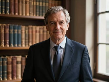 Elegant portrait of a distinguished literary editor, warm window light, library background with antique books, rich navy and antique gold tones, shallow depth of field, 35mm.