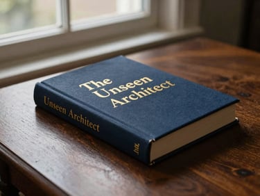 Elegant hardcover biography titled 'The Unseen Architect', gold foil lettering, deep navy cover, resting on a dark polished wood table, dramatic window light, 35mm