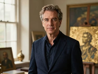 Elegant portrait of a seasoned literary agent, warm window light, art studio background, rich navy and antique gold tones, shallow depth of field, 35mm.