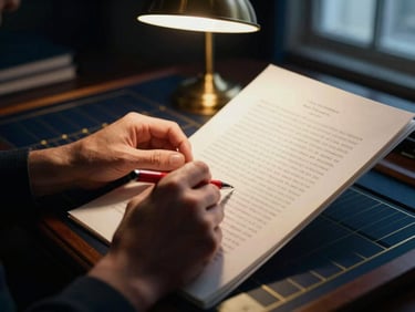 Close-up of a skilled editor's hands meticulously reviewing a manuscript page with a red pen, under focused desk lamp light, rich navy and gold tones.