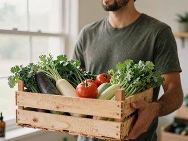 Warm portrait of a male community organizer holding a wooden crate of fresh local produce in a bright hall, tactile grain, 35mm.