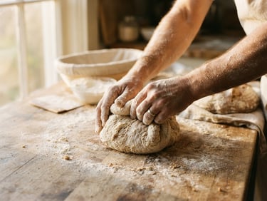 Tactile close-up of hands shaping rustic sourdough loaves on a flour-dusted wooden table, warm golden sunlight streaming through a window, 35mm photography