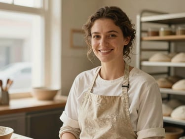 Warm environmental portrait of a female baker in a flour-dusted apron smiling in a sunny bakery kitchen, tactile grain, 35mm.