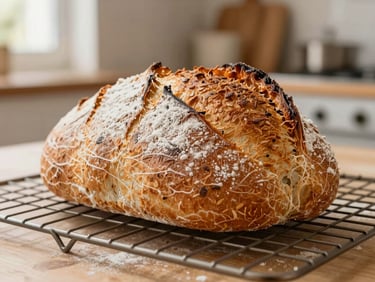 A warm, golden-brown loaf of freshly baked sourdough resting on a wire rack, flour dusted on top, warm kitchen background