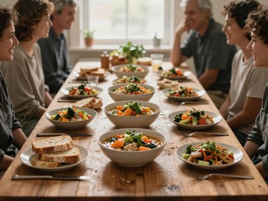 A long wooden community table filled with fresh vegetable stews, warm bread, and neighbors laughing together