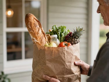 A volunteer handing a brown paper bag filled with fresh bread and local produce to an elder, warm porch lighting
