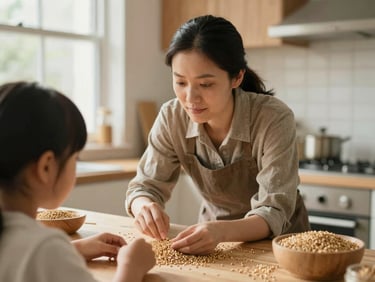 Warm portrait of a female instructor explaining grain measurements to a child in a cozy kitchen workshop, tactile grain, 35mm.
