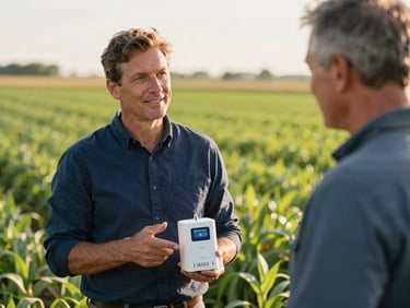 An entrepreneur explaining a smart soil sensor device to a local farmer in a bright Ohio field, golden hour daylight, shallow depth of field, professional editorial photography.