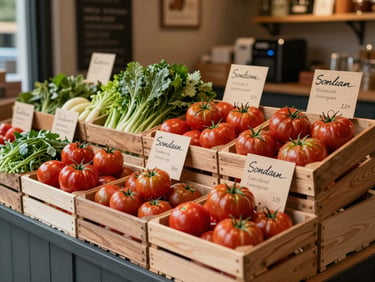 Soft side-lit view of a modern boutique market stall, wooden crates overflowing with heirloom tomatoes and fresh greens, hand-written parchment price tags, cozy Scandinavian atmosphere.