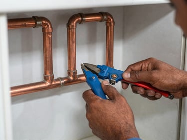Close-up shot of a technician's hands using professional tools to repair copper pipes in a bright Coimbatore kitchen, clean authentic colors, sharp focus
