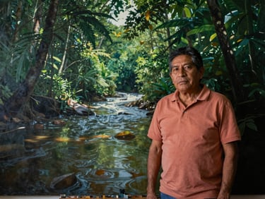 Portrait of Javier Rios, a Mestizo artist, standing beside a large painting of a river scene, dappled rainforest sunlight, moody documentary photography.