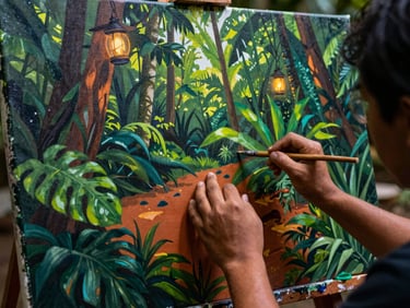 Local artist painting a vibrant Amazonian scene on canvas, hands visible, low-light evening lanterns, 35mm lens