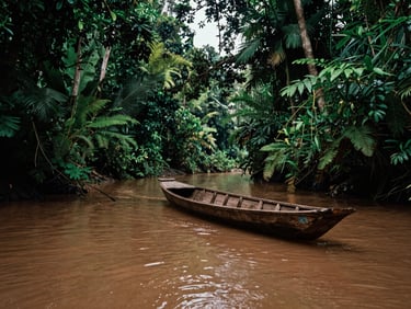 Winding river tributary through dense jungle, a traditional wooden boat, moody overcast humidity, 35mm lens