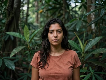 Portrait of Elena Vargas, an artist, with a painting depicting medicinal plants and leaves, dappled rainforest sunlight, moody documentary photography.