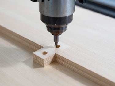 Close-up of a high-speed CNC milling head cutting a precise interlocking joint in high-grade birch plywood, cool workshop light, sharp focus, 35mm lens.