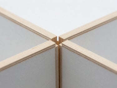 Macro detail of CNC-milled plywood joint fitting together, crisp architectural photography, bright even studio lighting, cool industrial tones, sharp focus, 35mm lens