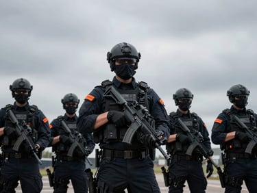 Uniformed tactical security personnel in a high-risk corporate environment, dramatic overcast daylight, muted tactical tones with sharp orange accents, 35mm lens