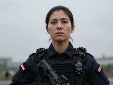 Stark, high-contrast portrait of a female incident command specialist in uniform, focused expression, low-light, 35mm lens