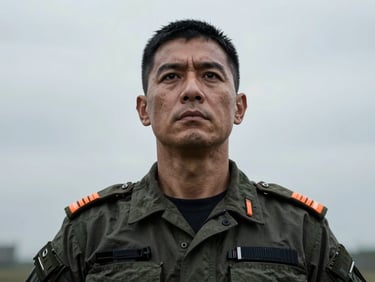 Stark, high-contrast portrait of a male fleet operations director in uniform, resolute expression, low-light, 35mm lens