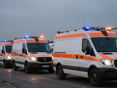 Specialized emergency response vehicles with communication gear deployed in a disaster zone, low-light night operations illuminated by vehicle emergency beacons, muted tactical tones with sharp orange accents, 35mm lens