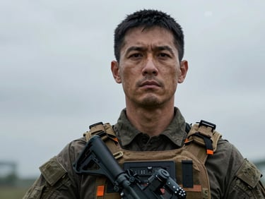 Stark, high-contrast portrait of a male tactical logistics expert in uniform, serious expression, low-light, 35mm lens