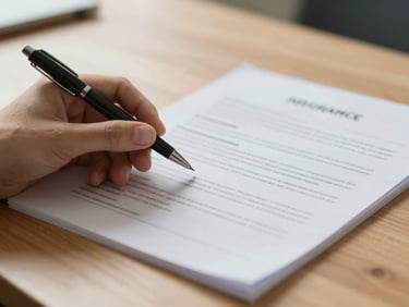 Close-up of a hand holding a pen resting on an open insurance document on a clean wooden desk, soft north-facing daylight from the left, shallow depth of field, document text intentionally blurred, warm natural tones