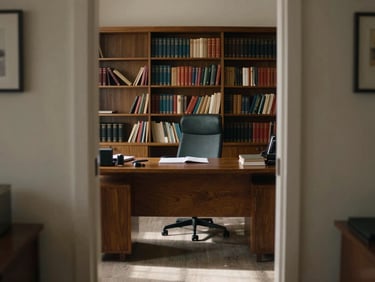 Wide environmental shot of the agent's office from the doorway, desk and chair centered, natural north-facing light filling the room, a single open folder on the desk, bookshelves along the wall, no artificial lighting, intimate private-practice scale