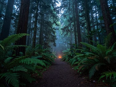 Misty forest trail with towering trees, soft diffused light, rich green foliage, cinematic wide shot
