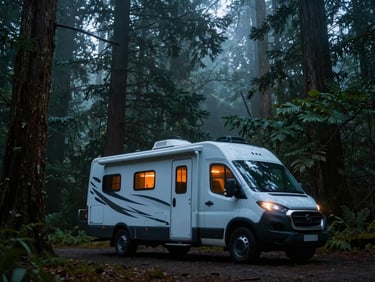 Modern RV nestled under dense forest canopy, misty overcast daylight, rich teal tones, low angle shot