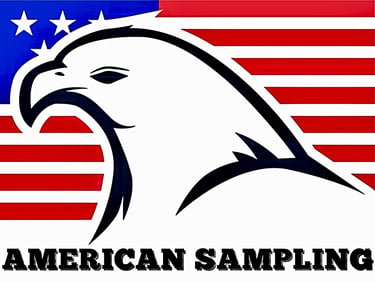 American Sampling Logo: Black outline eagle left facing over american flag