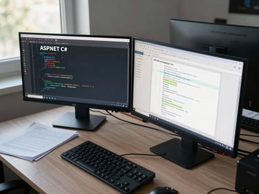 Close overhead view of a developer's workstation, dual monitors showing ASP.NET C# code and a SQL Server schema diagram, north-facing daylight from a window to the left, keyboard and printed documentation visible, no people in frame