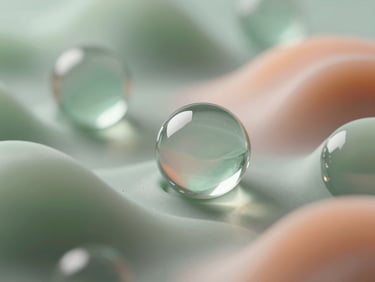 Abstract 3D render of soft light waves refracting through translucent crystalline spheres, organic sage green and warm peach caustics, macro focus, deep depth of field, studio lighting.