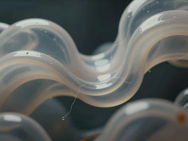 Abstract 3D fluid dynamics showing gentle electrical micro-currents flowing through soft glass-like organic structures, subtle subsurface scattering, dark background, cinematic lighting.