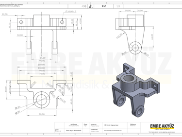 Zor teknik resim, solidworks zor çizim, zor teknik 3d resim, zor 3 boyutlu örnek