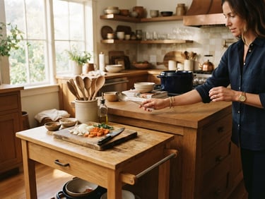 Warm editorial photograph of a kitchen island with a mobile prep cart pulled out, a hand reaching for a utensil, natural afternoon window light, rich timber tones, soft shadows, medium-wide environmental, 35mm