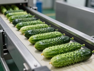Modern automated washing and sorting line in a clean agricultural facility, fresh green cucumbers moving on conveyor belt