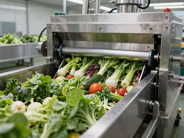 An automated washing and sorting line inside a clean, modern agricultural facility, stainless steel machinery processing fresh vegetables