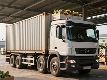 A large container truck being loaded with boxes of fresh agricultural produce at a modern farm packing station, bright morning sun