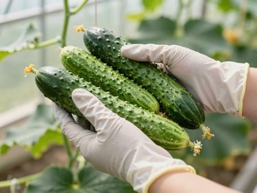 Close-up of clean hands in protective gloves carefully harvesting crisp green cucumbers in a greenhouse, natural morning light