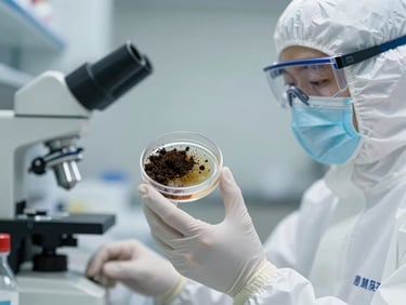 A certified laboratory technician in clean protective gear holding a Petri dish with organic soil sample, bright natural light