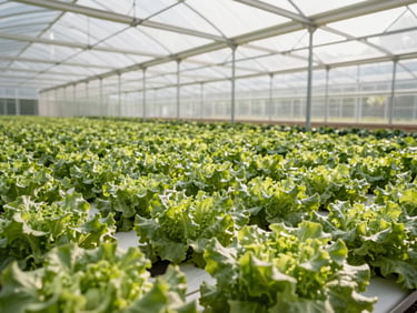 Wide-angle view of a modern high-tech greenhouse in Tiên Lữ, rows of pristine green vegetables stretching into the background under bright morning light