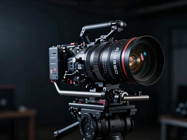 Cinematic behind-the-scenes video production environment, high-contrast dramatic lighting with cool tech tones, deep shadows, RED camera on a stabilizer, anamorphic lens flare.