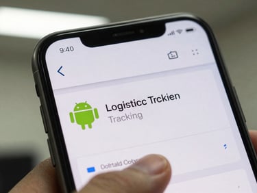Extreme close-up of an Android phone screen showing a logistics tracking interface, thumb resting at the bottom edge, even fluorescent office light, device on a plain surface