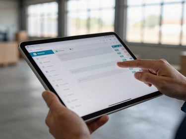 Close-up of a hand holding an Android tablet mid-swipe, inventory management UI visible on screen, natural daylight from a warehouse window, concrete floor in soft background