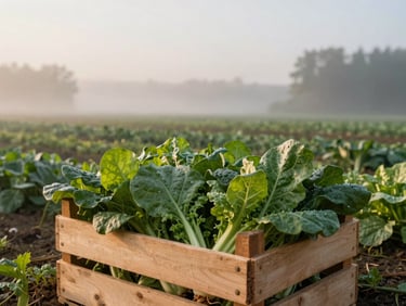 Wide environmental landscape shot of misty morning organic farm fields, a wooden crate of freshly picked greens in the foreground, soft low-horizon daylight.